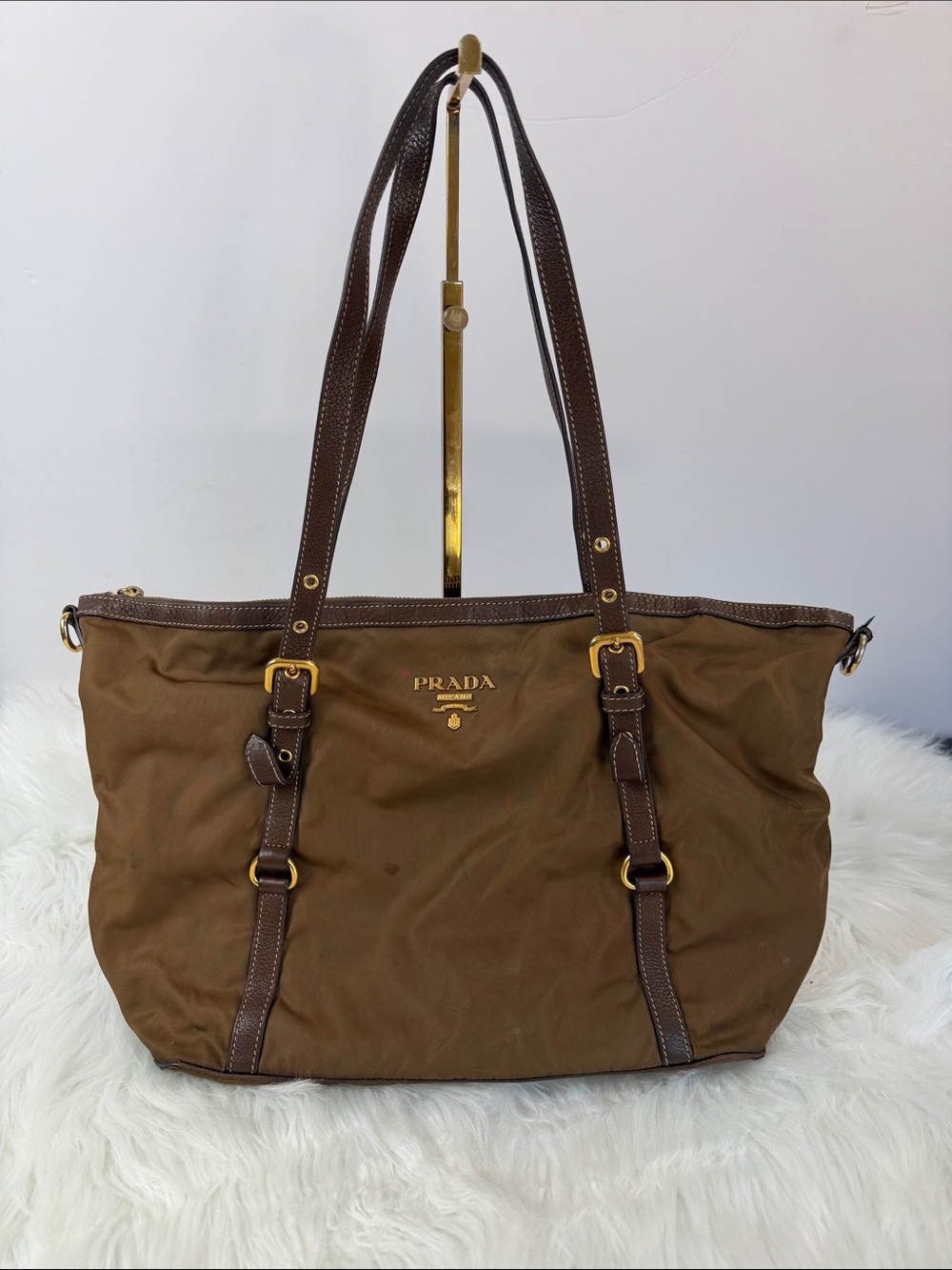 Prada Tessuto Nylon Convertible Belted Tote Brown Leather Gold Hardware